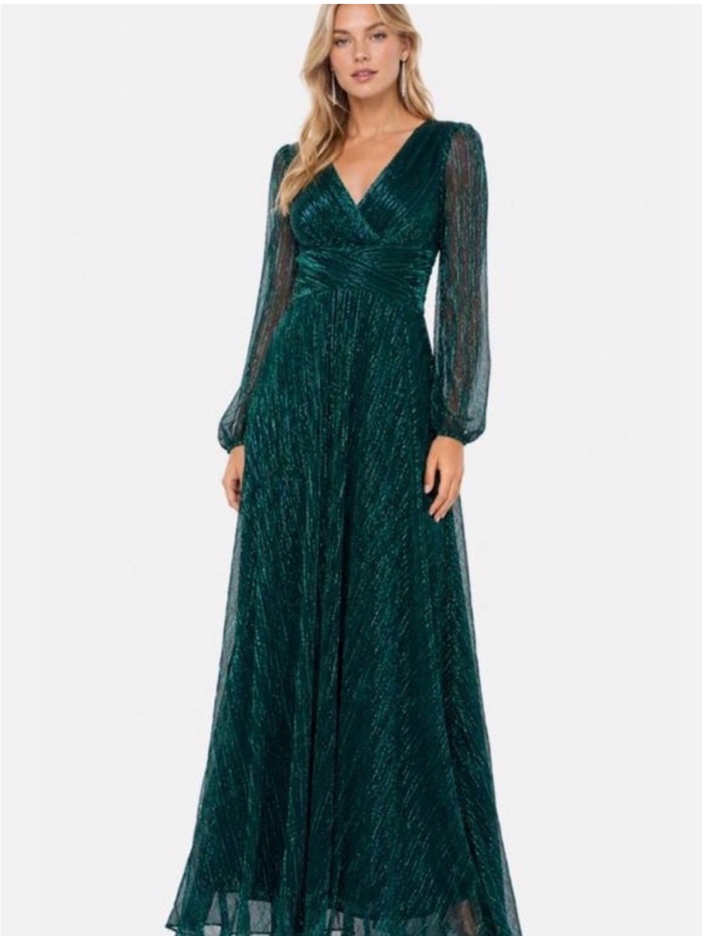 BETSY & ADAM Crinkle-Texture Sheer Long Sleeve Evening Gown in Jade Size 6. NWT. - Picture 5 of 12
